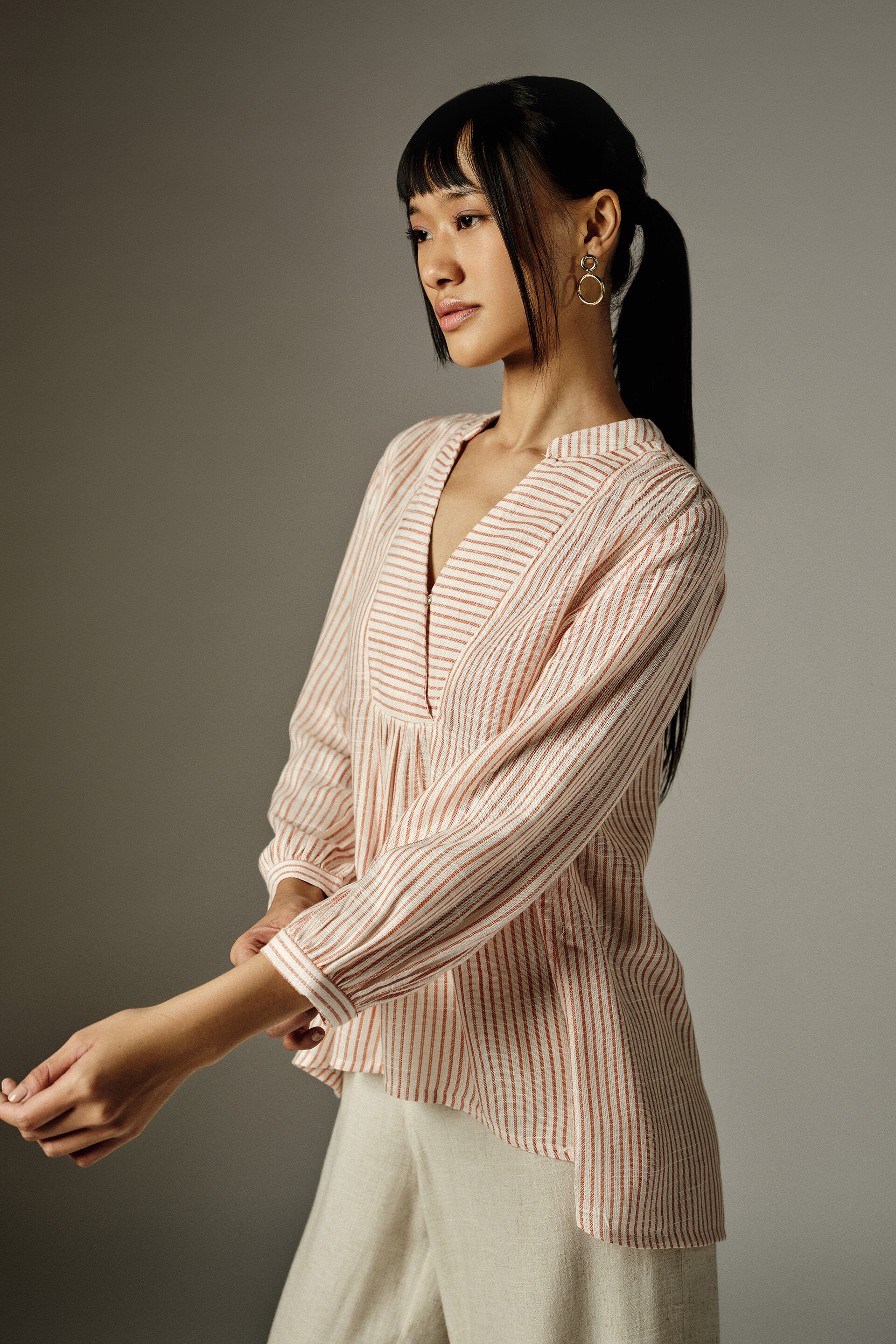 Lavina Coral Striped Top, Off White, image 4